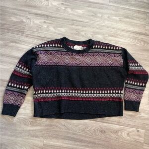 Lucky Brand Wool Blend Black Sweater with Pink and Red Fair Isle Accents